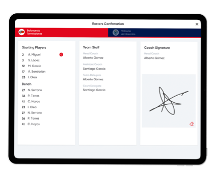 the digital scoresheet preperation screen with coaches signature for varification
